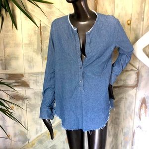 Raquel Allegra frayed chambray long sleeve blouse